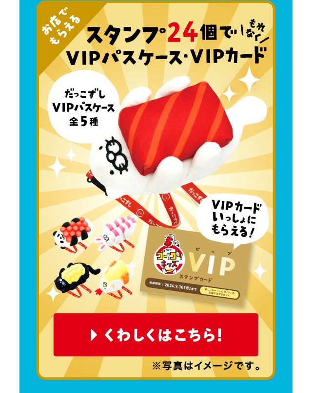 お店でもらえる｜スタンプ24個でもれなくVIPパスケース・VIPカード | だっこずしVIPパスケース全5種｜VIPカードいっしょにもらえる！｜くわしくはこちら！※写真はイメージです。